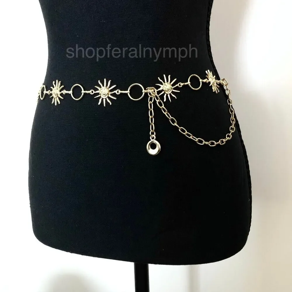Y2K Celestial Gold-Tone Sun Face Chain Belt, Fits 23.5–38 Inches, X7GA1228